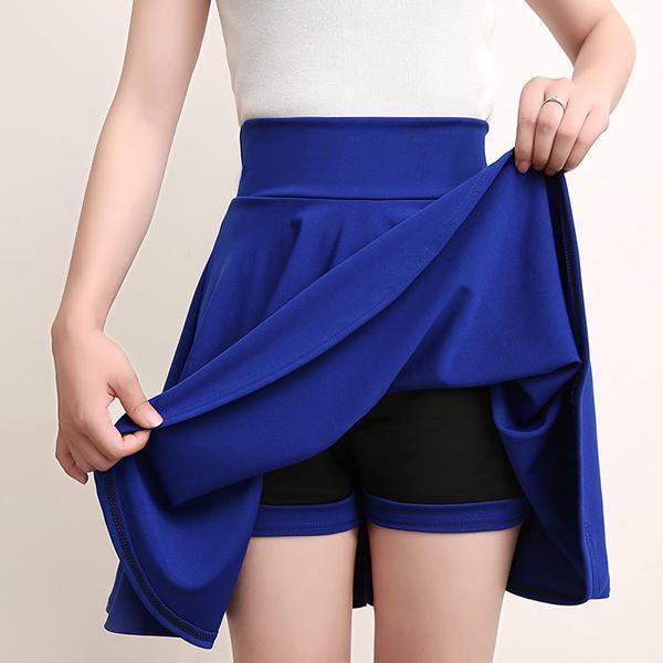 Dark blue A-line skirt with attached shorts and elastic waistband