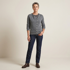 Grey knit wool-blend cardigan with button front and long sleeves