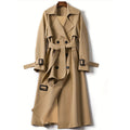 Women's khaki longline double-breasted trench coat with belt and notched lapels