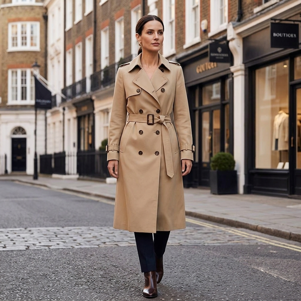 Women's longline double-breasted trench coat in khaki with belted waist and cuffs