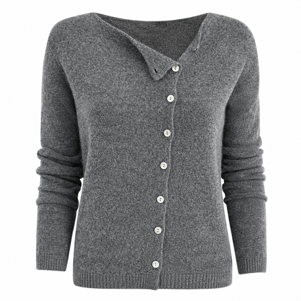 Women's grey knit cardigan with button-front placket and long sleeves