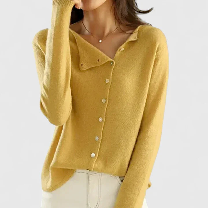 Yellow knit button-front cardigan with long sleeves and V-neck