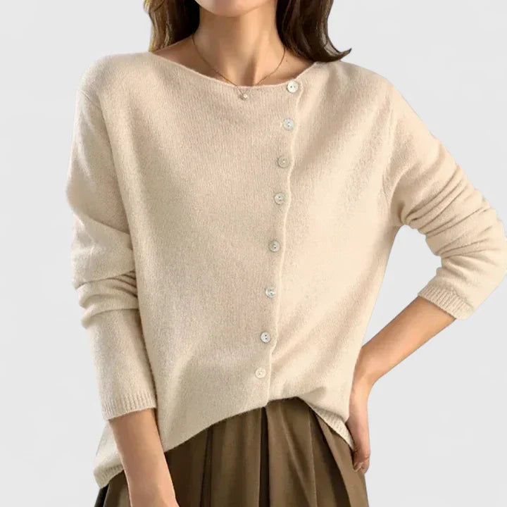 Beige knit button-front cardigan with long sleeves and round V-neck