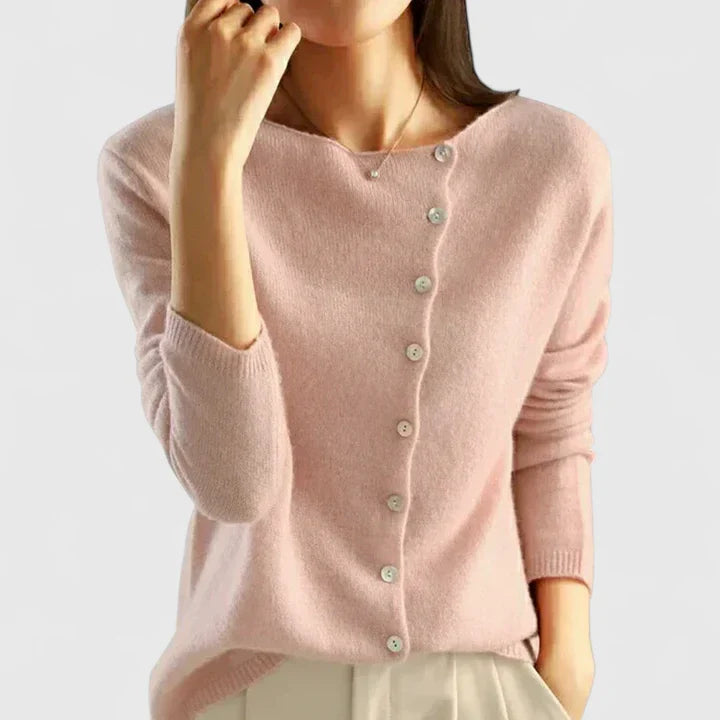 Pink knit button-front cardigan with long sleeves and V-neck