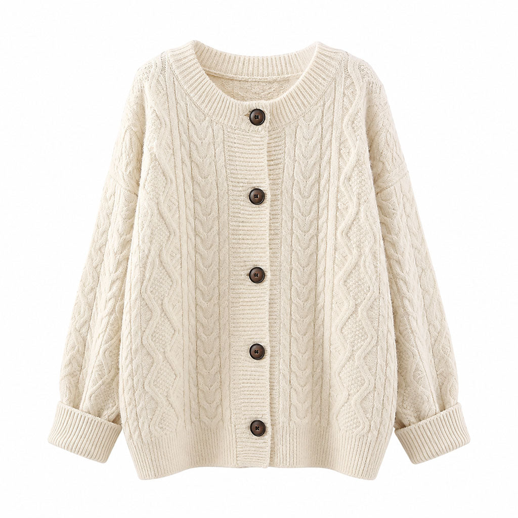 Beige cable knit cardigan with crew neckline, button front, and ribbed cuffs