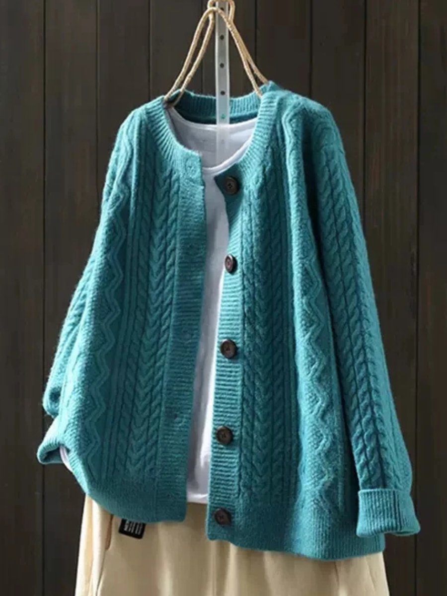 Teal oversized cable knit cardigan with button front and ribbed cuffs