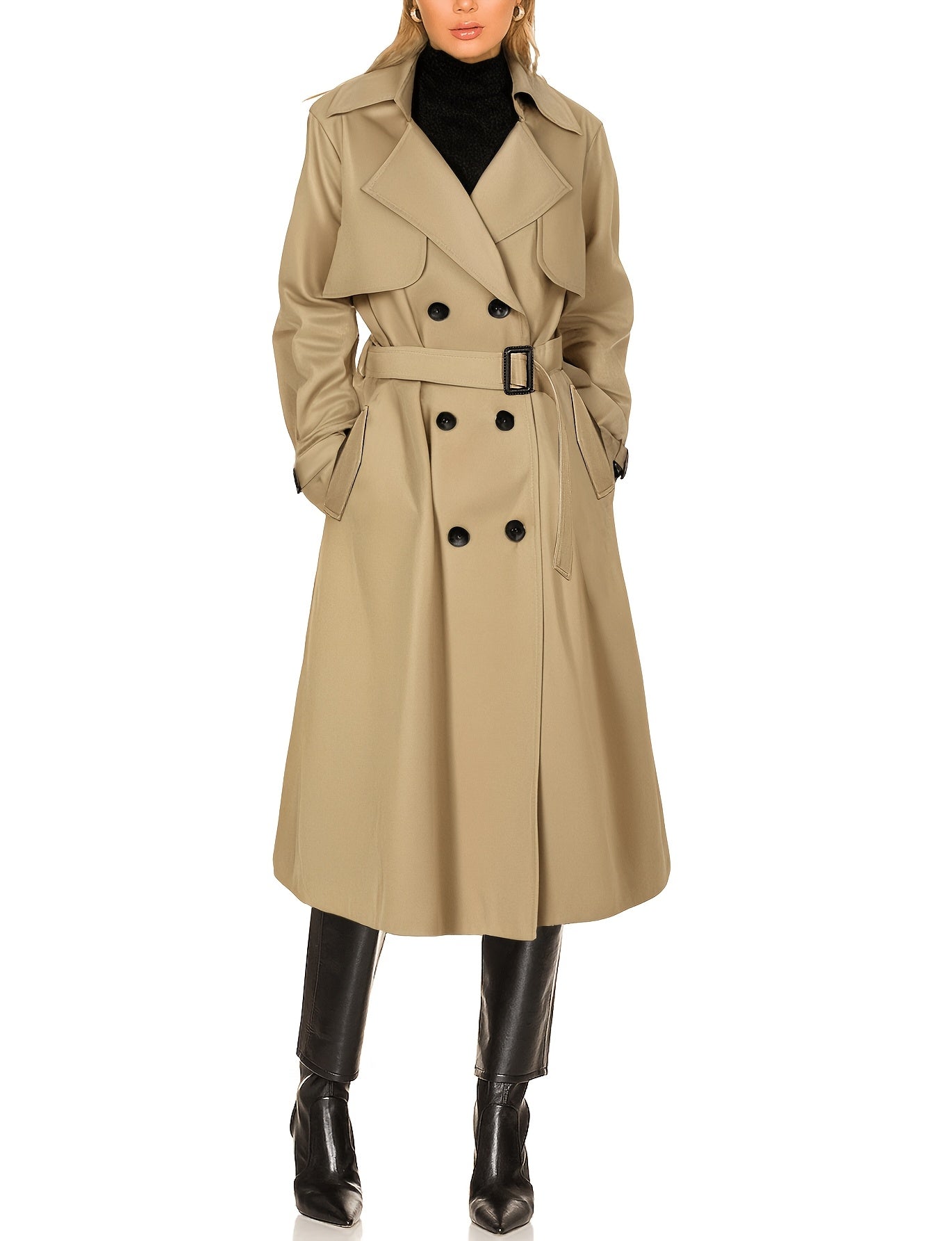 Khaki longline double-breasted trench coat on model, belted waist and metal-button front