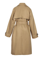 Khaki trench coat back view with belt at waist and notched collar