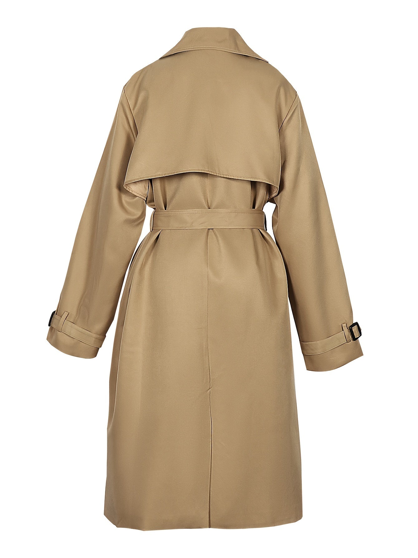 Khaki trench coat back view with belt at waist and notched collar