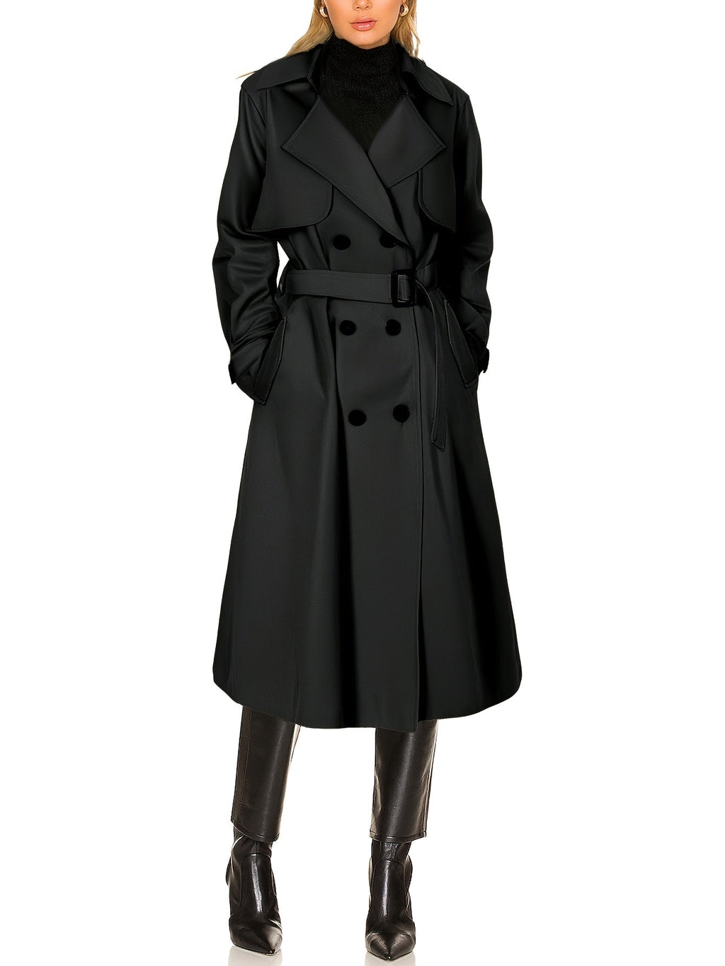 Black longline double-breasted trench coat on model, belted waist and double-button front