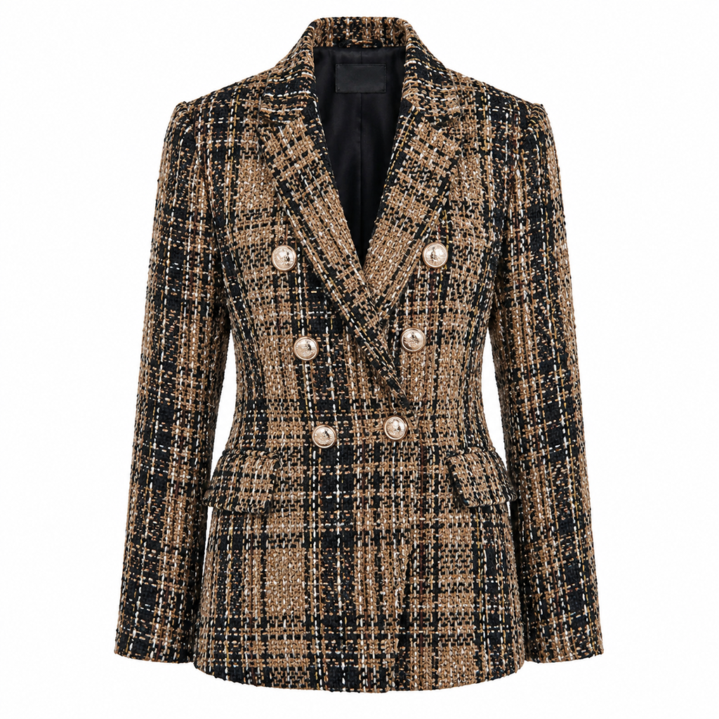 Women's tweed blazer with notch lapels, double button front, brown and cream plaid