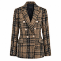 Women's tweed blazer with notch lapels, double button front, brown and cream plaid