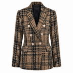 Women's tweed blazer with notch lapels, double button front, brown and cream plaid
