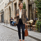 Women's plaid tweed blazer in brown/cream with double-breasted buttons