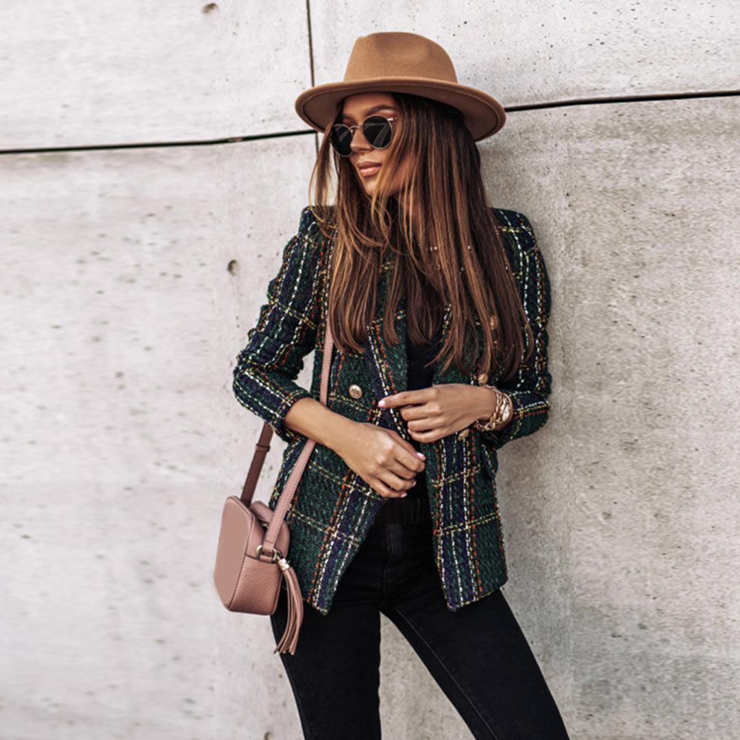 Women's plaid tweed blazer with buttons, dark green and gold