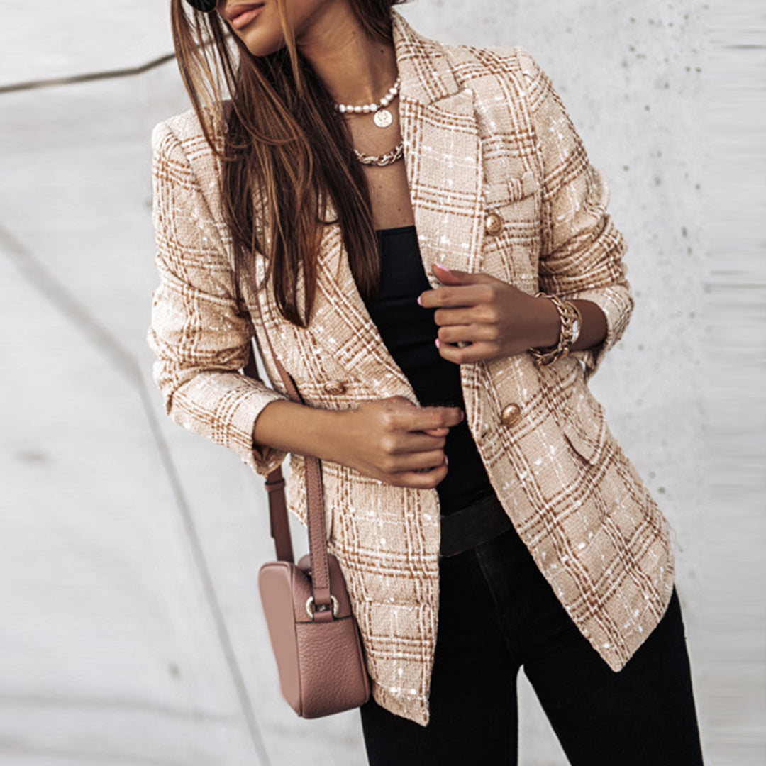 Women's plaid tweed blazer with buttons, beige and cream