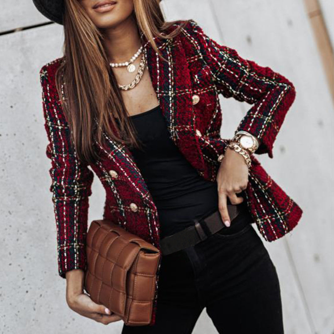 Women's plaid tweed blazer with buttons, wine red and dark green