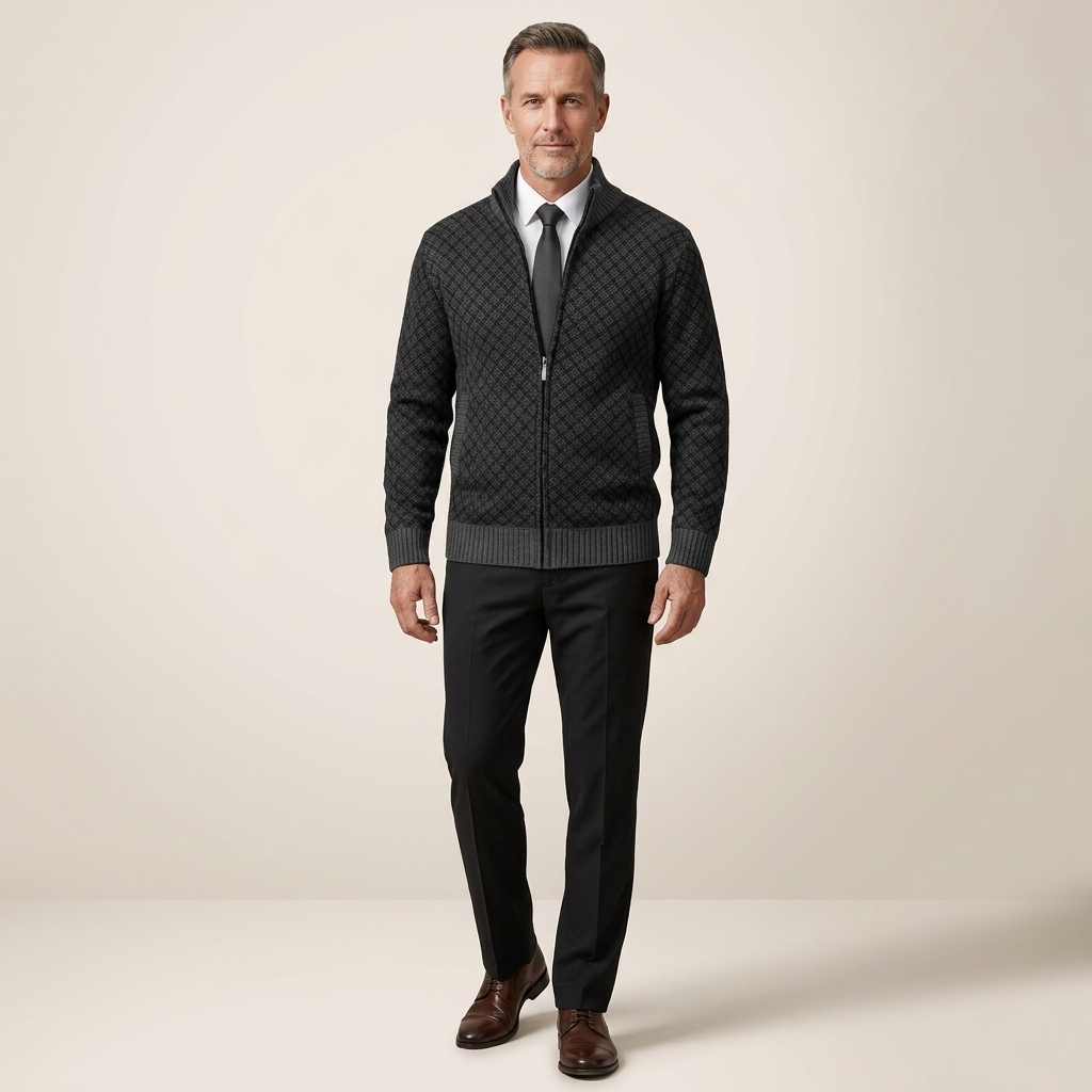 Men's black textured zip-up jacket with stand collar and ribbed cuffs