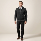 Men's black textured zip-up jacket with stand collar and ribbed cuffs