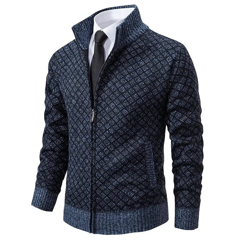 Men's navy knit full-zip jacket with diamond pattern, ribbed cuffs and stand collar
