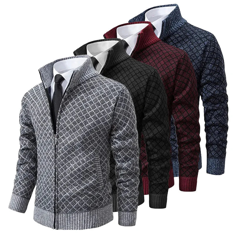 Men's knit full-zip jackets in gray, black, and red with diamond pattern
