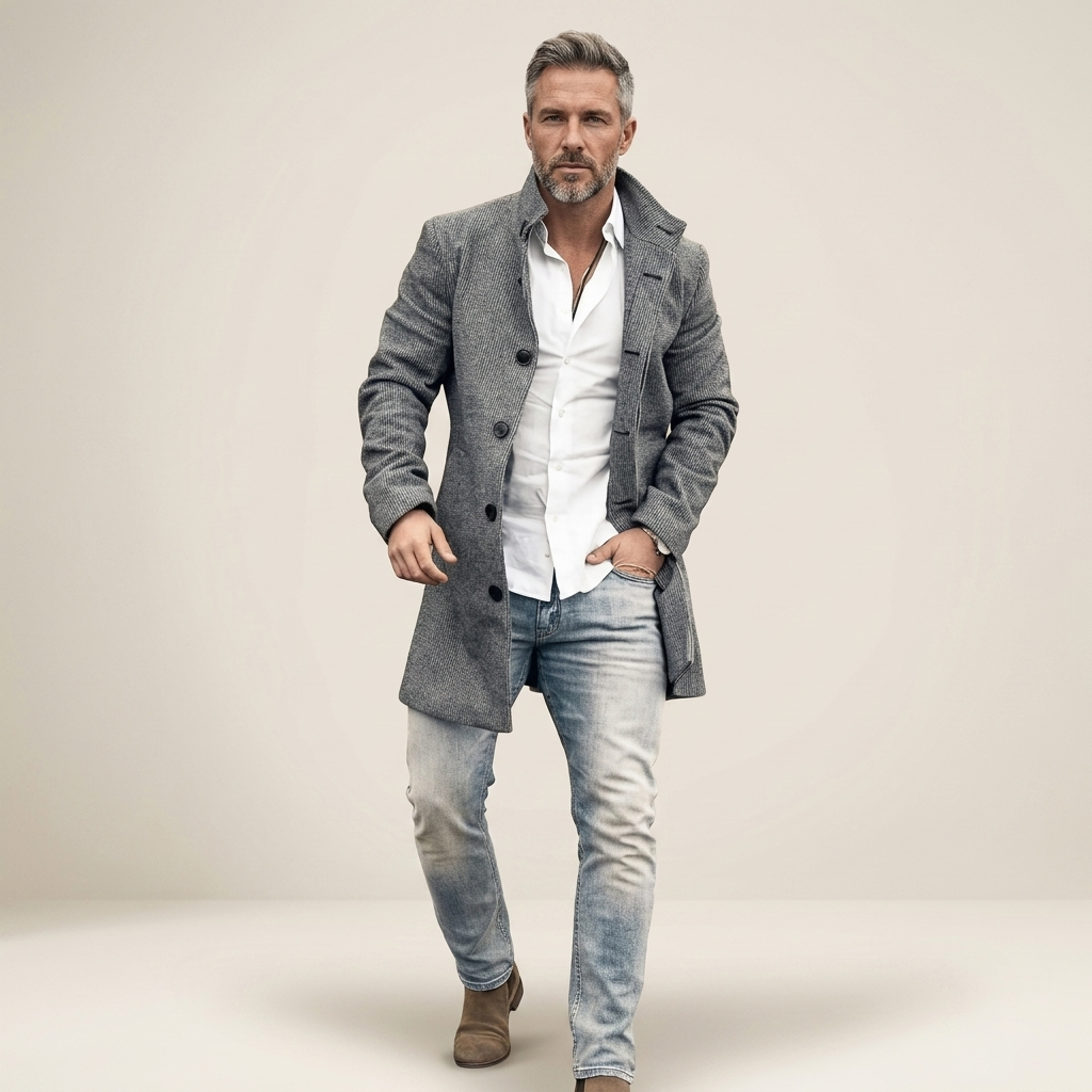 Men's tailored longline coat, heather grey, single-breasted with buttons and pockets