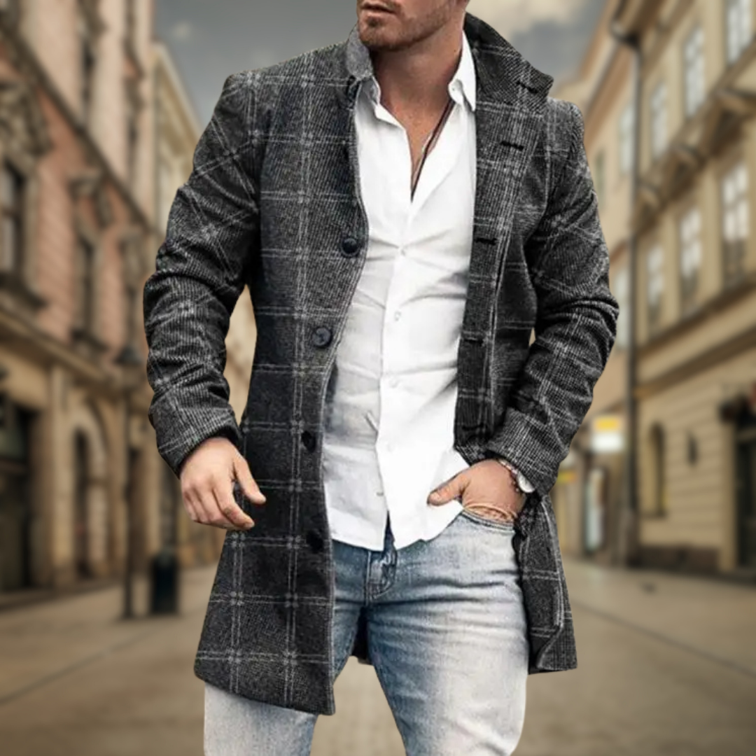 Men's dark gray plaid overcoat with notch lapels and four-button front