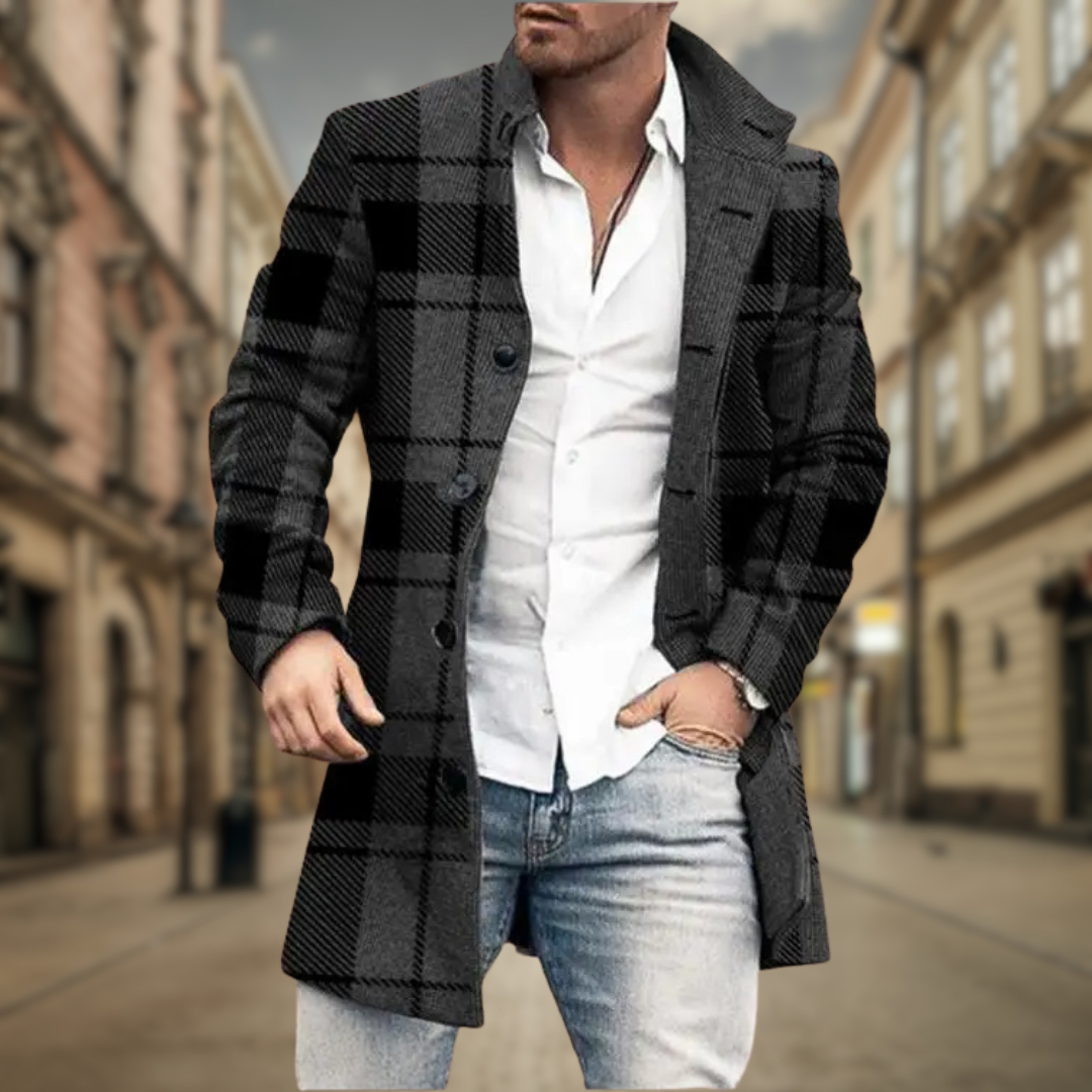 Men's black-and-gray check overcoat with notch lapels and four-button front