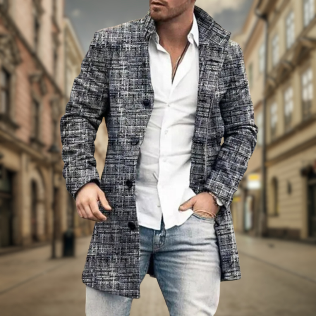 Men's light gray plaid overcoat with notch lapels and four-button front