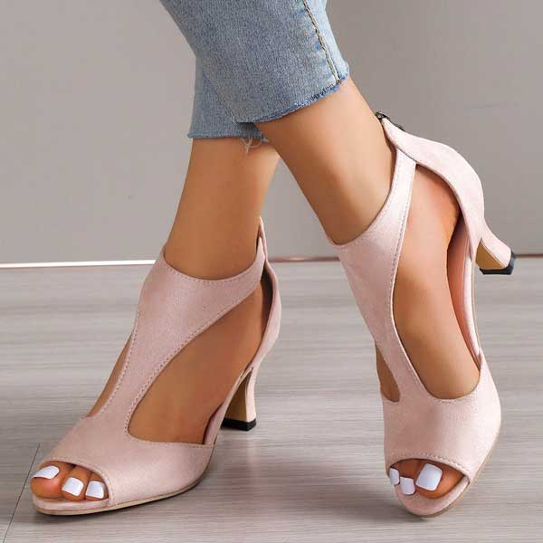 Blush peep-toe block heel sandals with cut-out upper and back zip closure