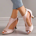 Blush peep-toe block heel sandals with cut-out upper and back zip closure