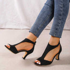 Black peep-toe block heel sandals with open side and ankle strap