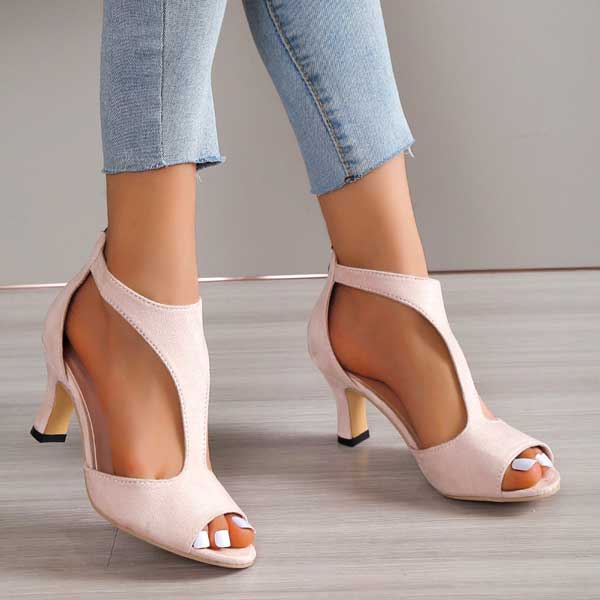 Blush peep-toe block heel sandals with open toe and back zip closure