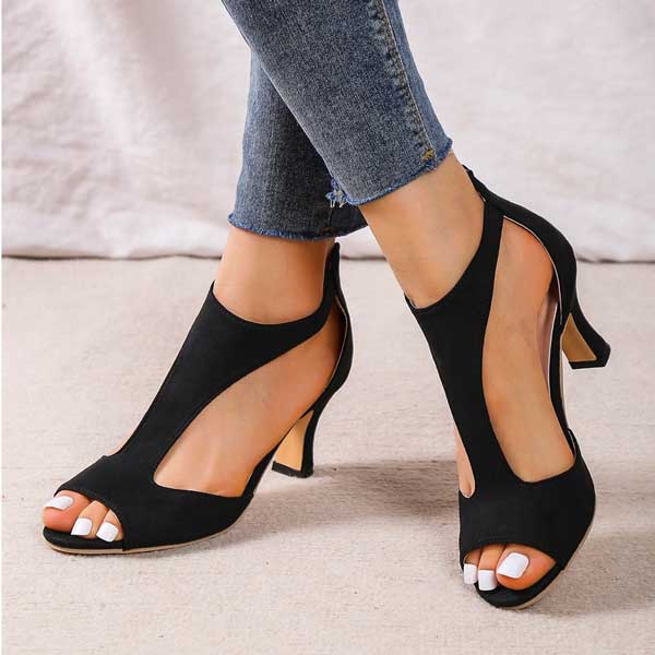 Black peep-toe block heel sandals with ankle straps and open toe