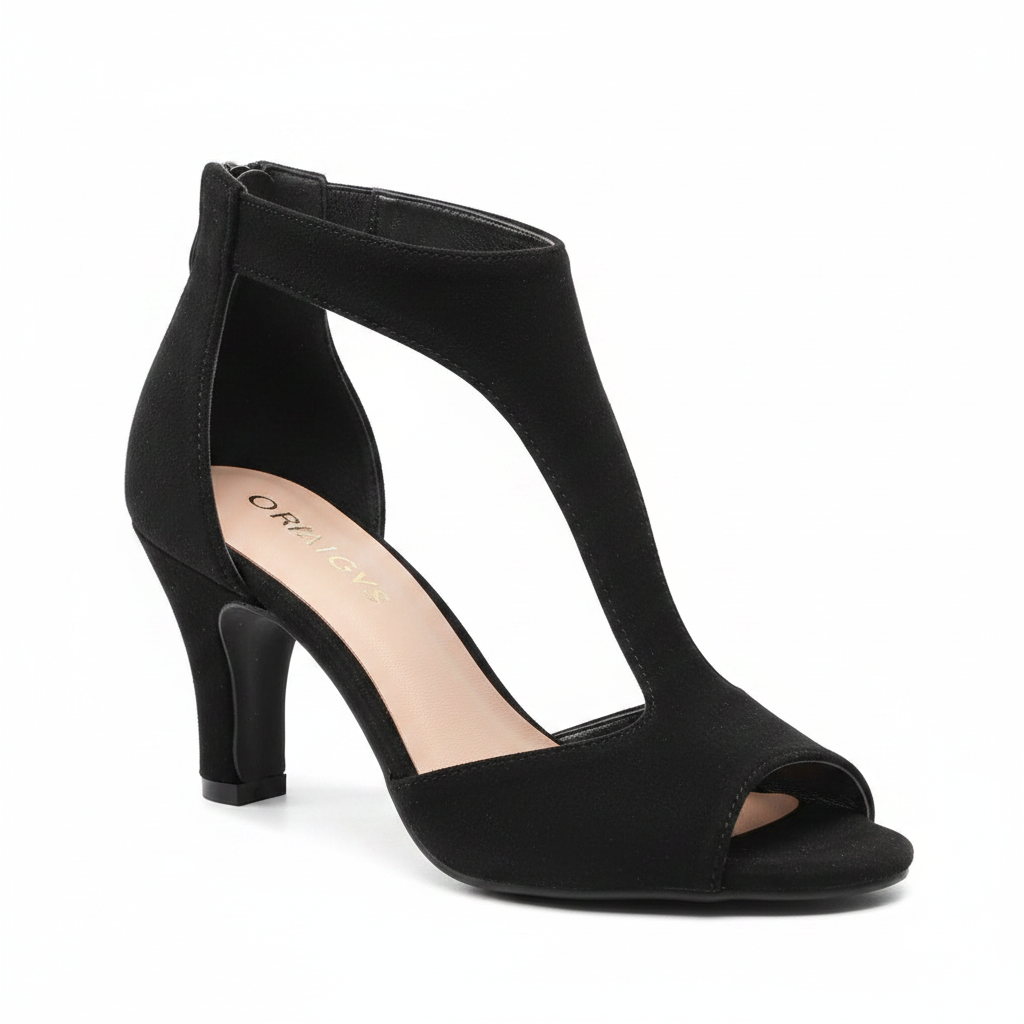 Black peep-toe block heel sandals with cut-out straps and back zip closure