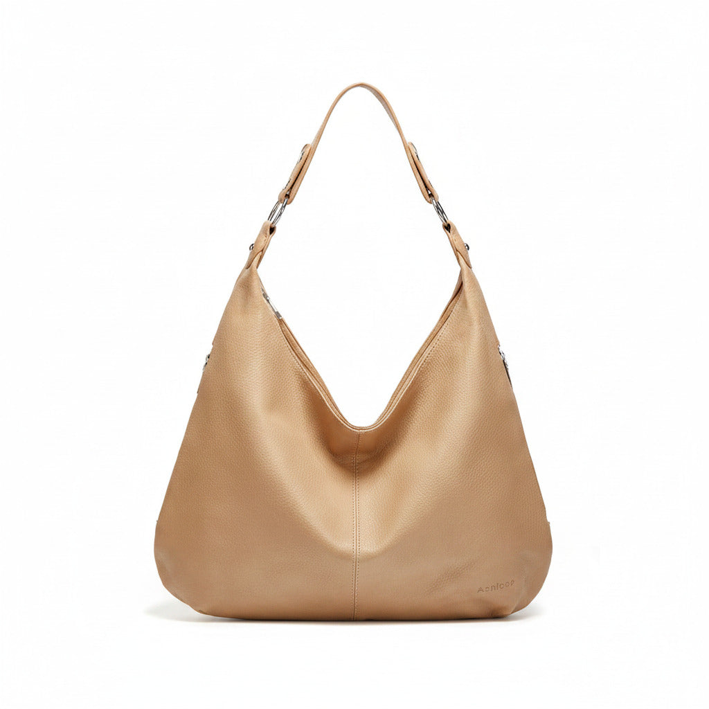Tan hobo bag with two top handles and suede-textured finish