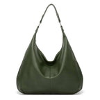 Olive green textured leather hobo bag with two top handles and open curved front.