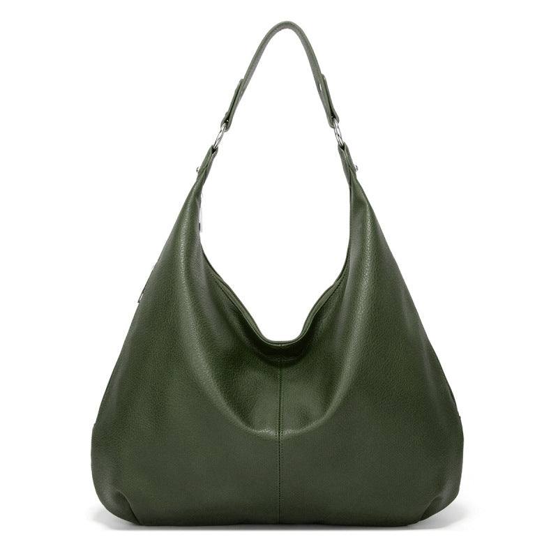 Olive green textured leather hobo bag with two top handles and open curved front.