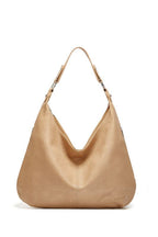 Beige textured leather hobo bag with two top handles and open curved front.