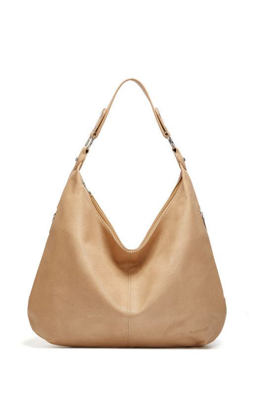Beige textured leather hobo bag with two top handles and open curved front.