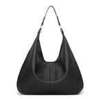 Black textured leather hobo bag with two top handles and open curved front.