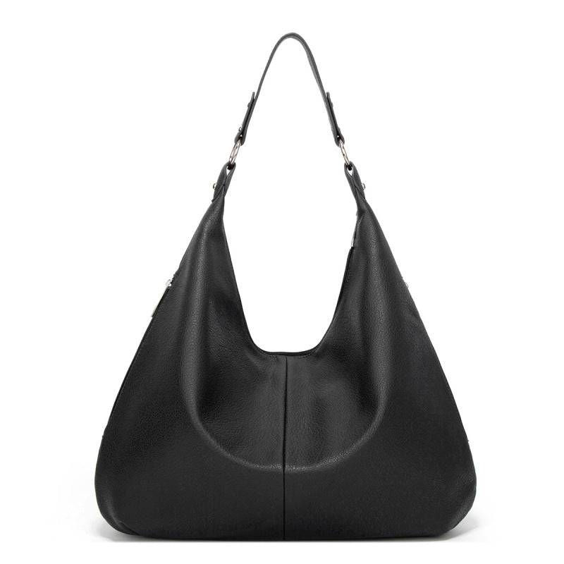 Black textured leather hobo bag with two top handles and open curved front.