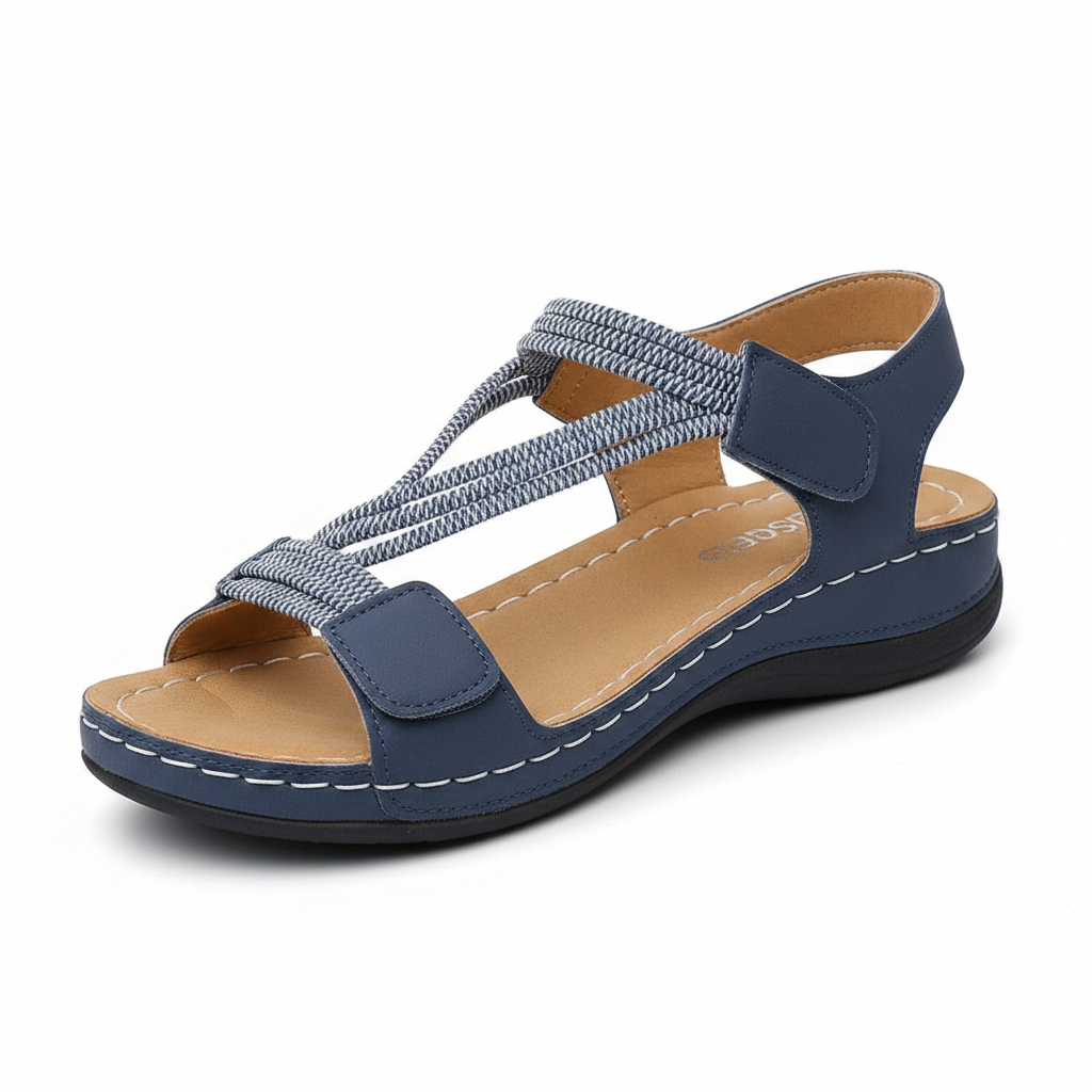 Navy blue strappy sandals with crossover knit straps and hook-and-loop closures