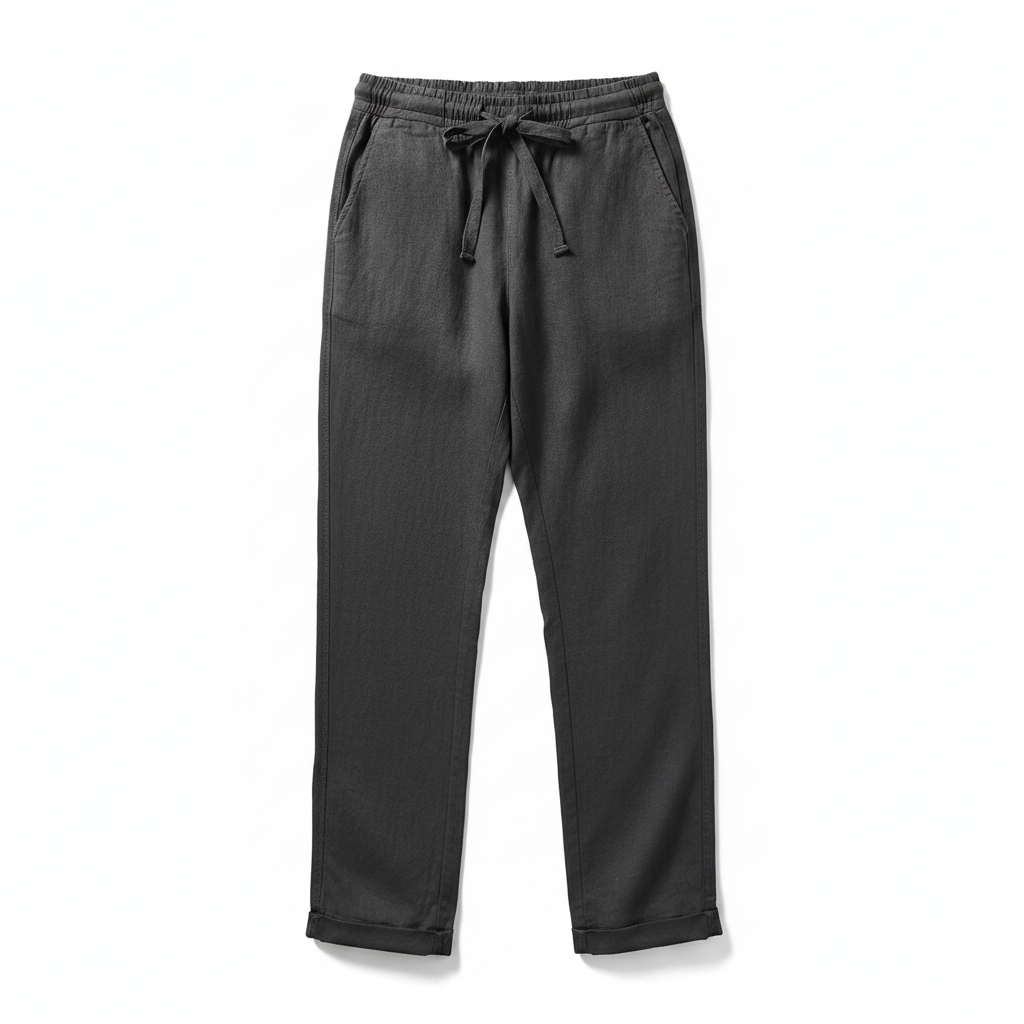 Dark charcoal wide-leg drawstring trousers with relaxed fit, front view
