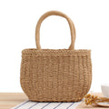 Woven summer tote bag in khaki with round top handles and sturdy woven body