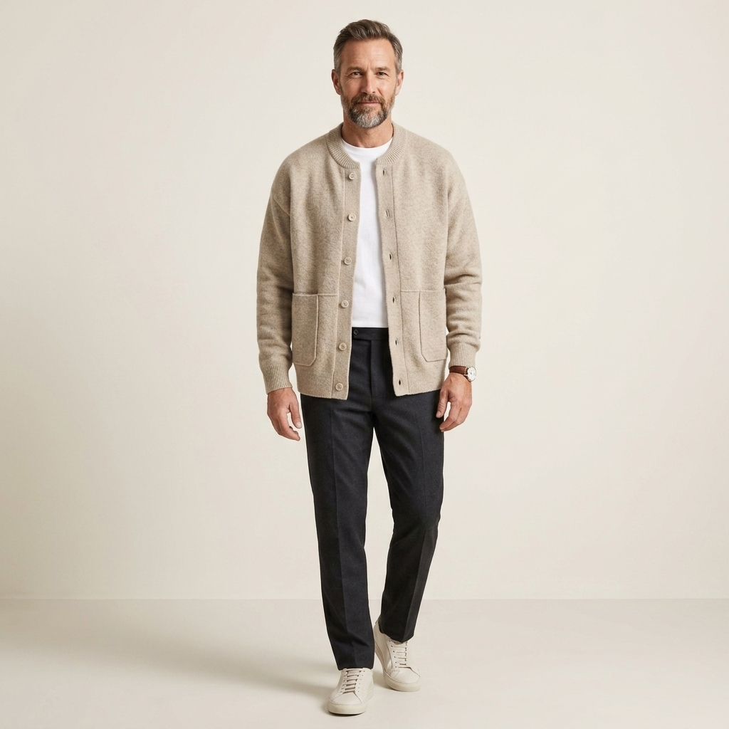 Men's beige button-front cardigan sweater, long sleeves, ribbed cuffs and hem