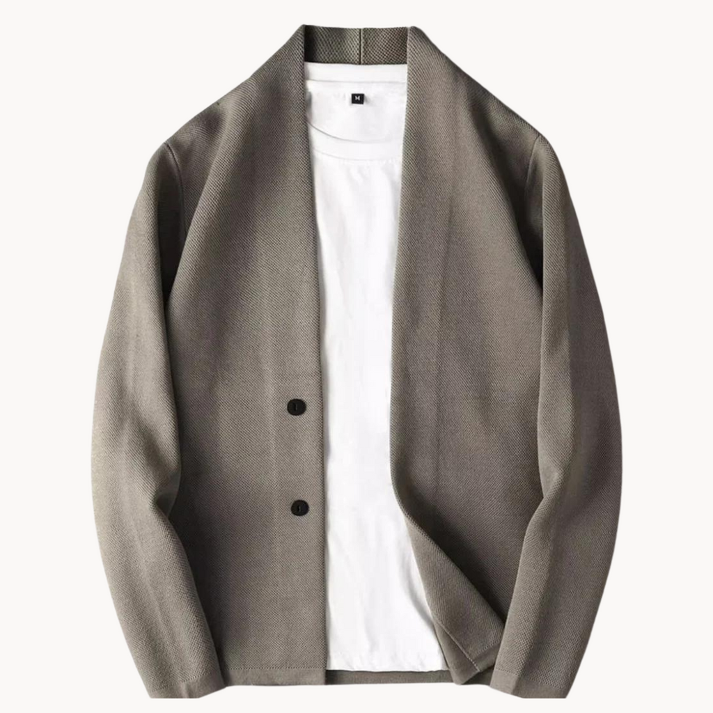 Men's taupe blazer with notch lapels and two-button front