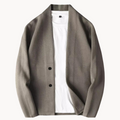 Men's taupe blazer with notch lapels and two-button front