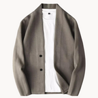 Men's taupe blazer with notch lapels and two-button front