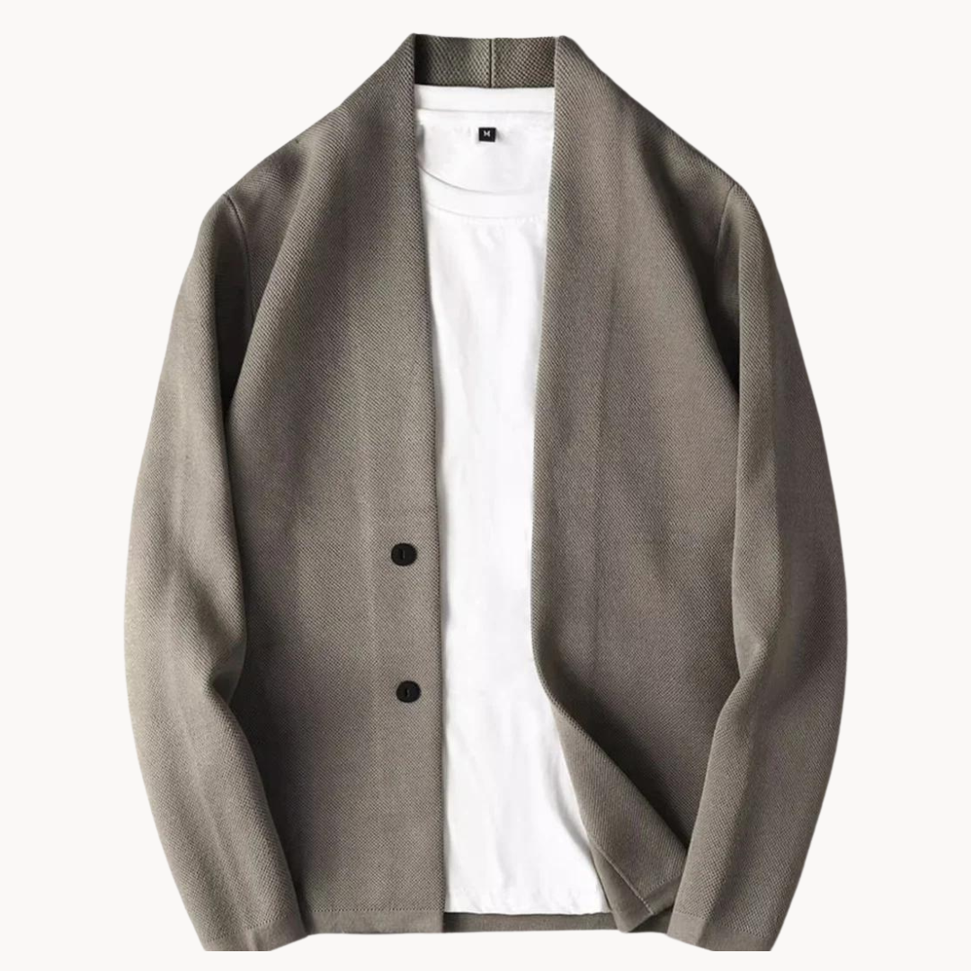 Men's taupe blazer with notch lapels and two-button front